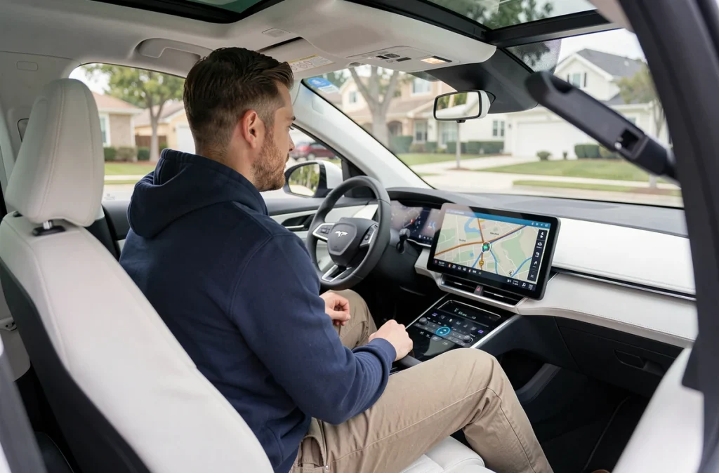 Conducteur consultant l'autonomie et l'itinéraire sur l'écran tactile d'une voiture électrique moderne
