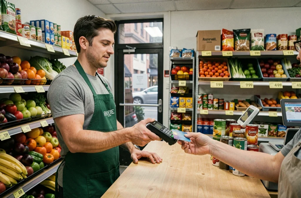 Caissier tenant un terminal de paiement sans contact dans une épicerie urbaine