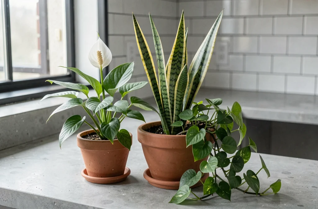 Trio de plantes dépolluantes spathiphyllum sansevière et pothos sur un plan de travail en béton