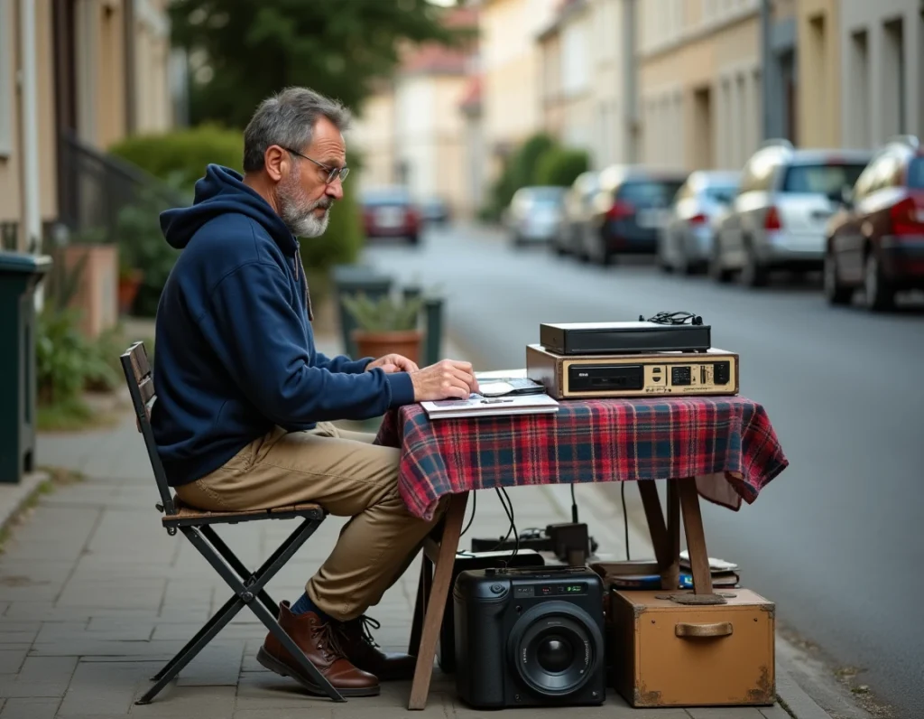Vendeur amateur assis derrière son étal lors d'une braderie de quartier avec des vinyles et jeux de société d'occasion