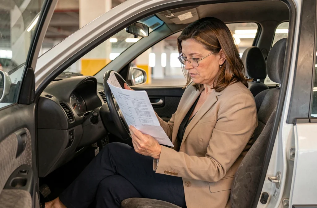 Une femme consultant l'historique d'un véhicule d'occasion assise dans l'habitacle d'une voiture