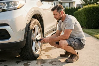 Homme vérifiant la pression des pneus de son SUV avant un départ en été