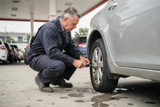 Mécanicien vérifiant la pression des pneus d'une voiture compacte à la station-service pour réduire la consommation de carburant