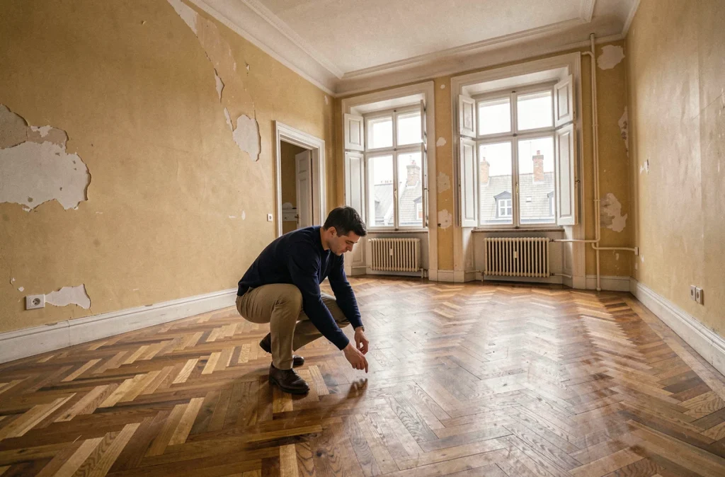 Jeune homme inspectant le parquet d'un appartement ancien vide avec moulures et hauts plafonds lors d'une visite immobilière