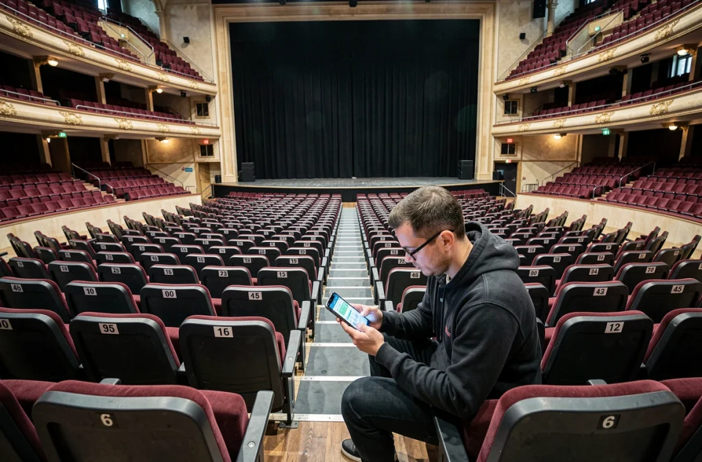 Vue intérieure de l'Accor Arena Paris avec un spectateur vérifiant son placement sur un plan de salle numérique