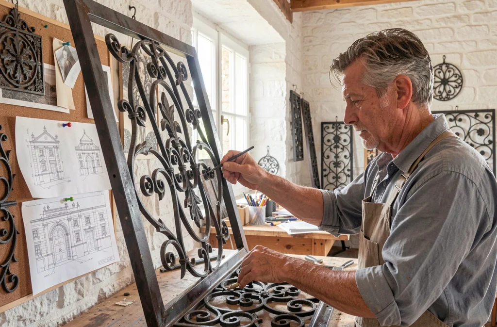 Artisan de l'Atelier Augustin travaillant sur un panneau de ferronnerie d'art décoratif dans un atelier lumineux en Provence