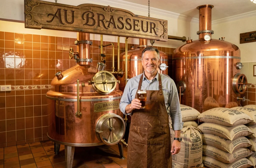 Brasseur devant les cuves en cuivre de la brasserie artisanale Au Brasseur, institution de la bière alsacienne dans le Bas-Rhin