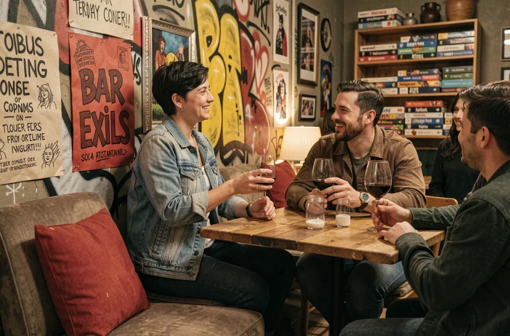 Atmosphère alternative et conviviale du Bar Exils dans le Bas-Rhin avec une clientèle décontractée et un décor éclectique