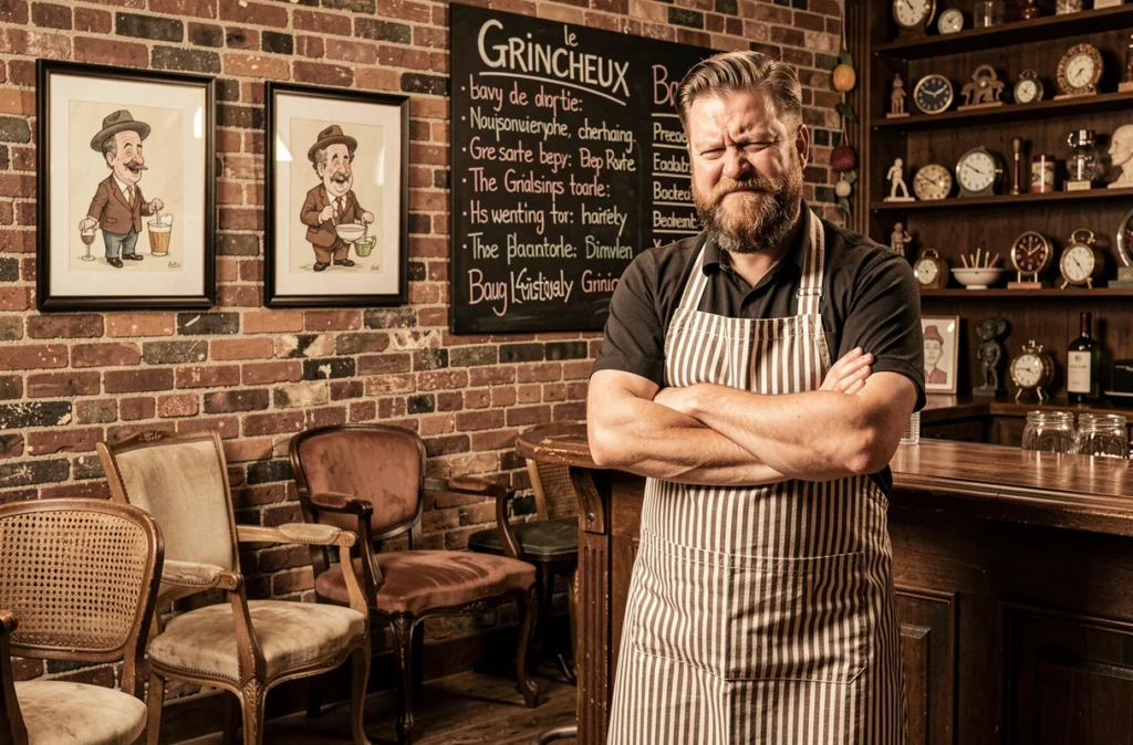 Barman au caractère affiché derrière le comptoir du Bar le Grincheux, bar décalé et sympathique dans le Bas-Rhin
