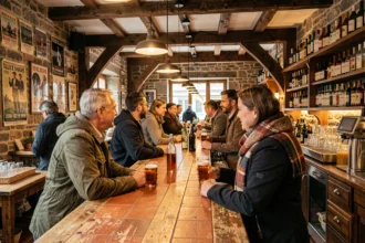 Vue d'ensemble d'un bar alsacien animé dans le Bas-Rhin avec des clients attablés autour d'un comptoir en bois