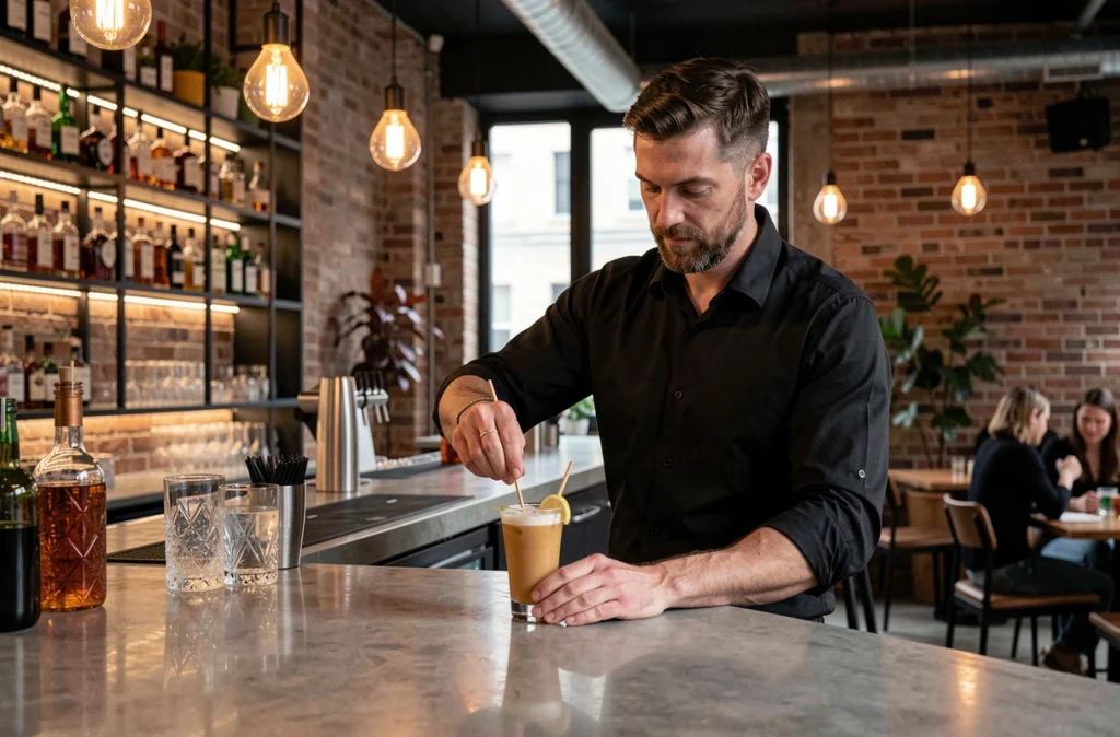 Barman préparant un cocktail artisanal au Code Bar, bar tendance avec décor industriel dans le Bas-Rhin