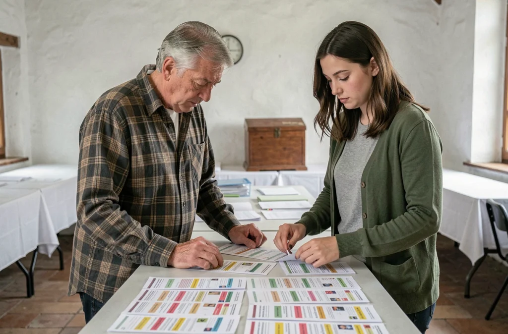 Deux membres d'une commission électorale comparant des modèles de bulletins de vote dans un bureau de vote d'une petite commune rurale française