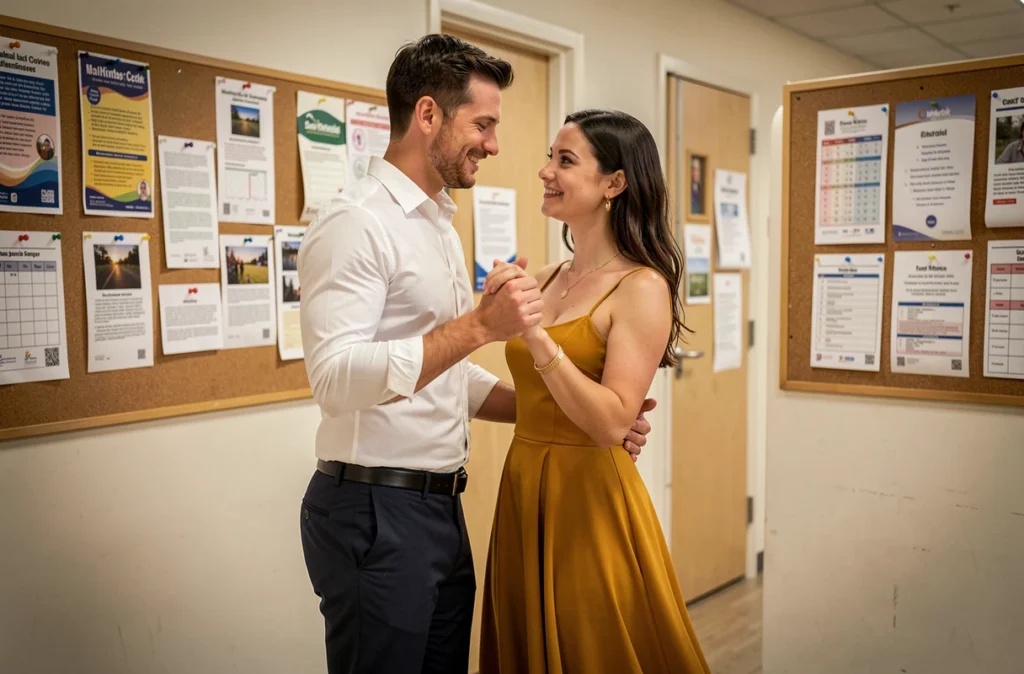Couple adulte pratiquant le zouk dans le couloir d'une école de danse, panneaux d'affichage et horaires de cours visibles en arrière-plan