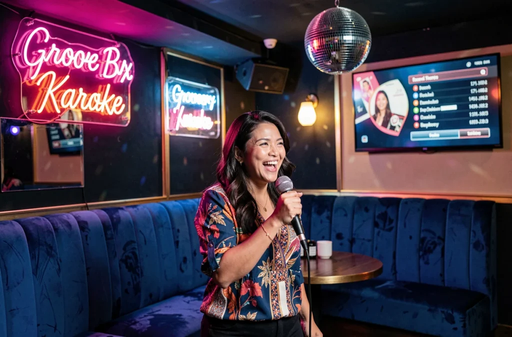 Une femme chantant au micro sur scène dans l'ambiance colorée du Groove Box Karaoke dans le Bas-Rhin