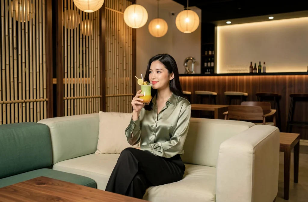 Ambiance lounge contemporaine et feutrée du bar Kooma dans le Bas-Rhin avec décor d'inspiration asiatique
