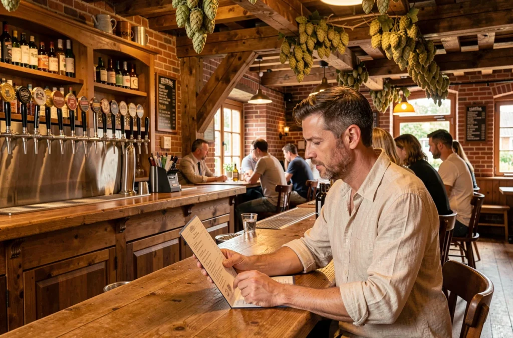 Intérieur chaleureux du bar Les Berthom avec ses nombreuses bières pression et son décor en bois rustique dans le Bas-Rhin