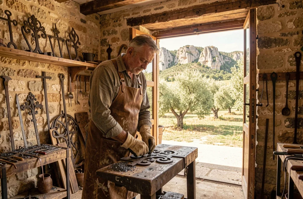 Artisan métallier de la Métallerie des Alpilles façonnant une pièce en fer forgé dans son atelier rustique en pierre au cœur du pays d'Arles