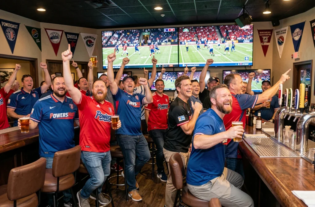 Ambiance animée du bar Powershot dans le Bas-Rhin avec des supporters regardant un match sur grand écran