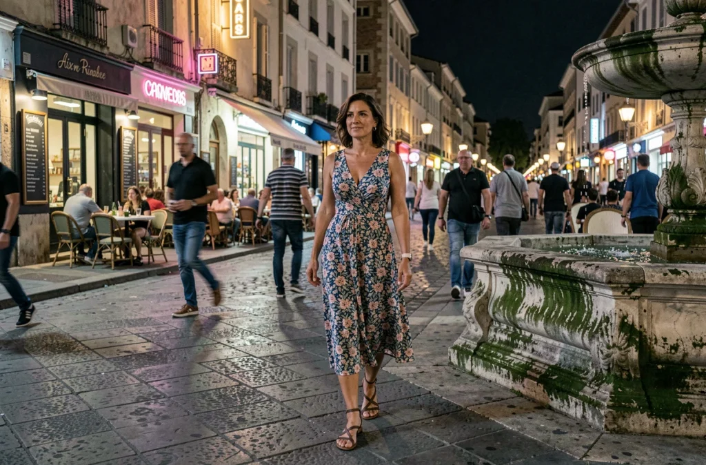 Femme se promenant sur le Cours Mirabeau à Aix-en-Provence lors d'une soirée estivale animée
