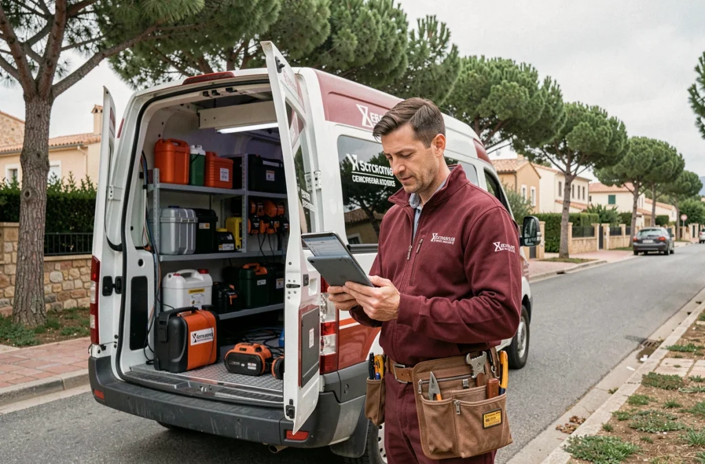 Technicien de Sebatech consultant une liste d'interventions sur tablette devant son véhicule de service dans une rue résidentielle des Bouches-du-Rhône