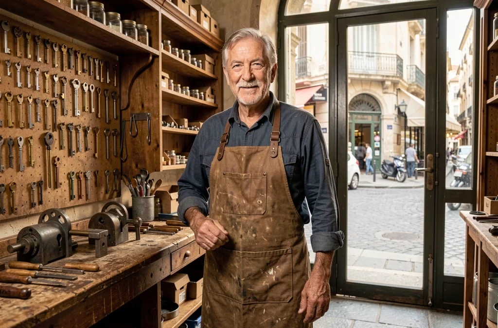 Artisan serrurier expérimenté de la Serrurerie Raymond dans son atelier historique au cœur de Marseille entouré d'outils et de clés anciennes