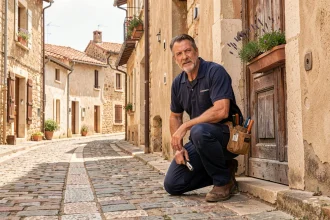 Serrurier d'urgence professionnel en intervention devant une porte ancienne dans une ruelle ensoleillée de Provence-Alpes-Côte d'Azur