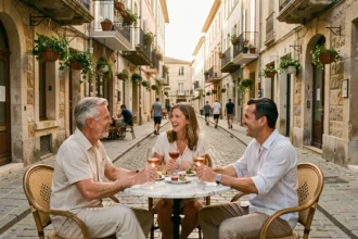 Terrasse animée d'un café du centre-ville d'Aix-en-Provence en soirée avec des clients attablés autour d'un verre de rosé