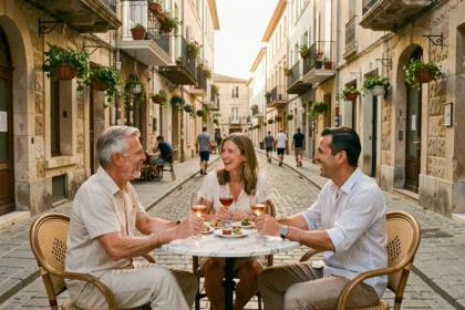 Terrasse animée d'un café du centre-ville d'Aix-en-Provence en soirée avec des clients attablés autour d'un verre de rosé