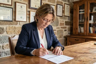 Femme élue municipale vérifiant le format et les mentions d'un bulletin de vote pour une élection dans une commune de moins de 1000 habitants