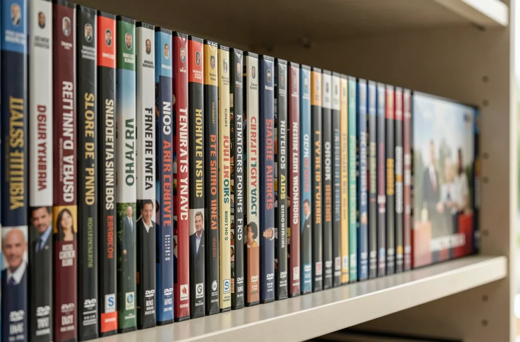Coffrets de saisons de séries alignés sur une étagère