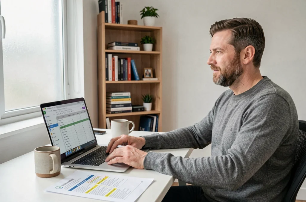 Consultant SEO indépendant évaluant les forces et limites de plateformes de netlinking comme SEMJuice et Linkuma depuis son bureau à domicile