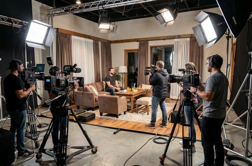 Équipe de tournage filmant une scène de série sur un plateau