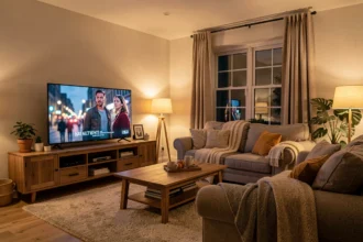Salon éclairé le soir devant un téléviseur diffusant une série