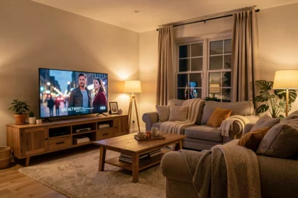 Salon éclairé le soir devant un téléviseur diffusant une série